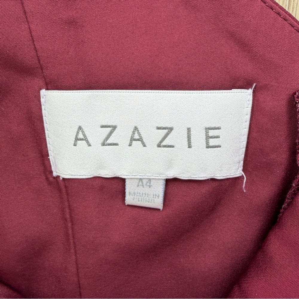 Azazie Burgundy Off-Shoulder Satin Maxi Dress with Slit - Picture 9 of 11